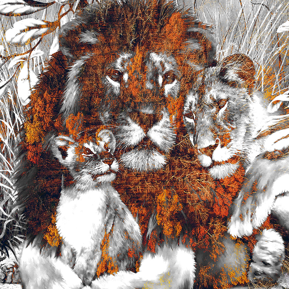 Gravura para Quadros Família Leão Efeito Artístico Cores - Afi16003