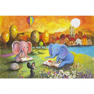 Gravura para Quadros Decorativos Infantil Elefantes Lendo História - 9907188 - 30x20 Cm