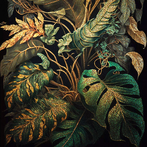 Tela para Quadros Folhas Tropical Ilustrativa Verde e Dourada - Afic19634
