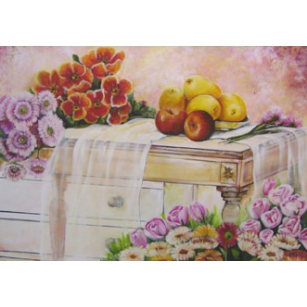 Gravura para Quadros Natureza Morta Mesa com Frutas e Flores - Nb047 - 70x50 Cm