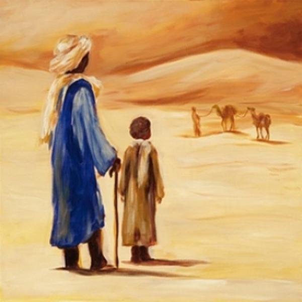 Gravura para Quadros Árabe Homem e Criança No Deserto 33x33 Cm