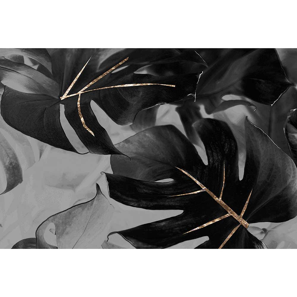 Tela para Quadros Decorativo Folhas Escuras Detalhes Dourados - Afic15873