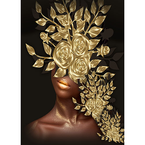 Tela para Quadros Mulher Facial Flores Dourada Ilustrativa - Afic19790