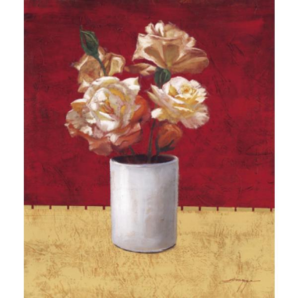 Painel Importado para Quadros Vaso com Rosas de Fundo Vermelho - Pi8010 - 60x90 Cm